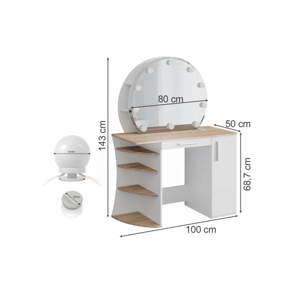 Coiffeuse épurée étagères et miroir LED blanc chêne Coiffeuse moderne Coiffeuse maquillage Coiffeuse femme