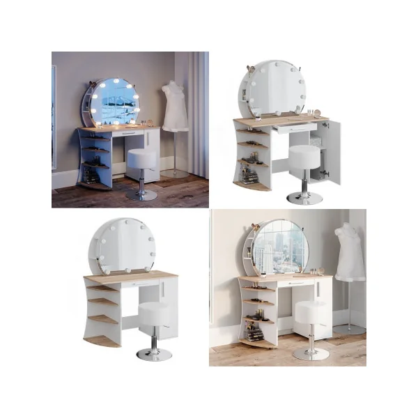 Coiffeuse épurée étagères et miroir LED + Tabouret blanc chêne Coiffeuse moderne Coiffeuse maquillage Coiffeuse femme