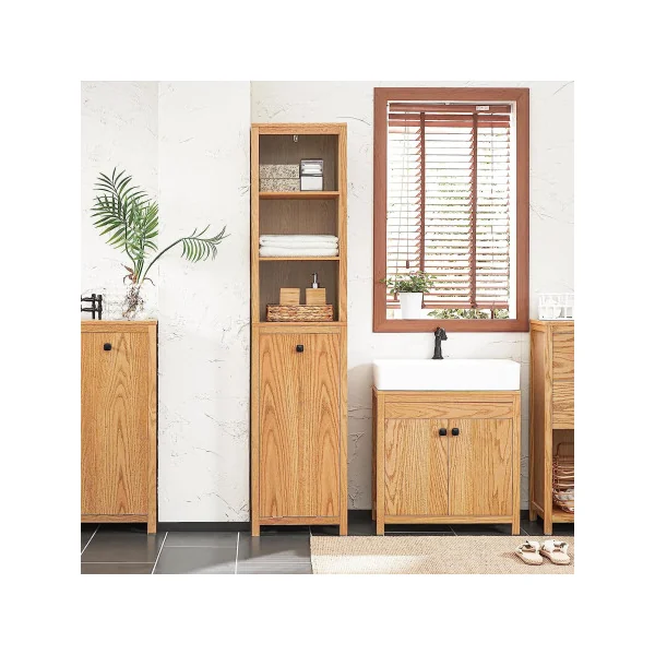 Colonne de salle de bain bois naturel avec panier à linge Armoire haute de salle de bain