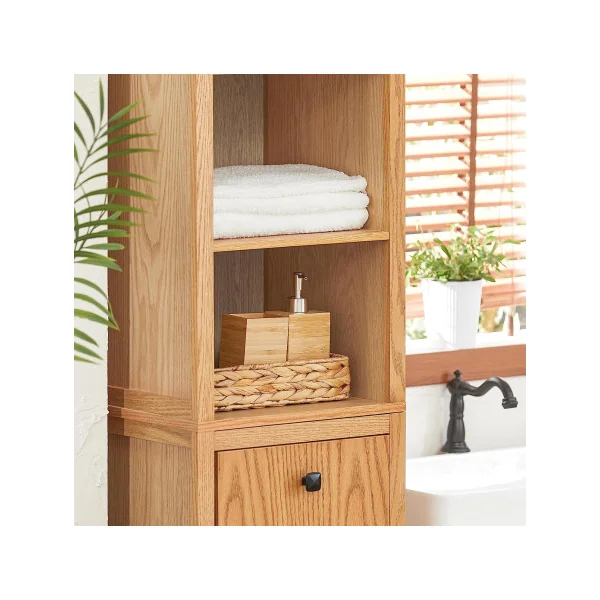 Colonne de salle de bain bois naturel avec panier à linge Armoire haute de salle de bain