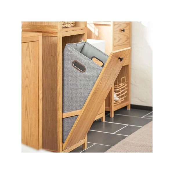 Colonne de salle de bain bois naturel avec panier à linge Armoire haute de salle de bain
