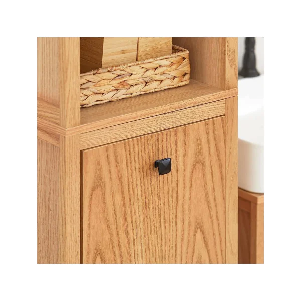 Colonne de salle de bain bois naturel avec panier à linge Armoire haute de salle de bain
