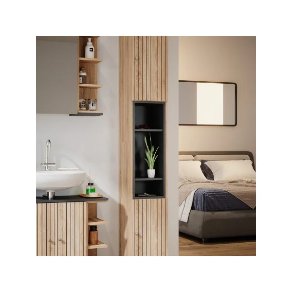 Colonne de Salle de Bain chêne et Anthracite Armoire haute de Salle de Bain moderne