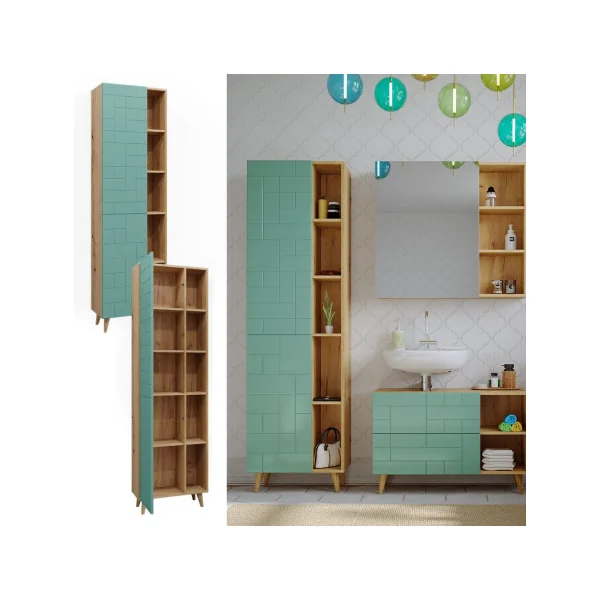 Colonne de salle de bain Chêne et Menthe Meuble salle de bain Armoire avec rangement