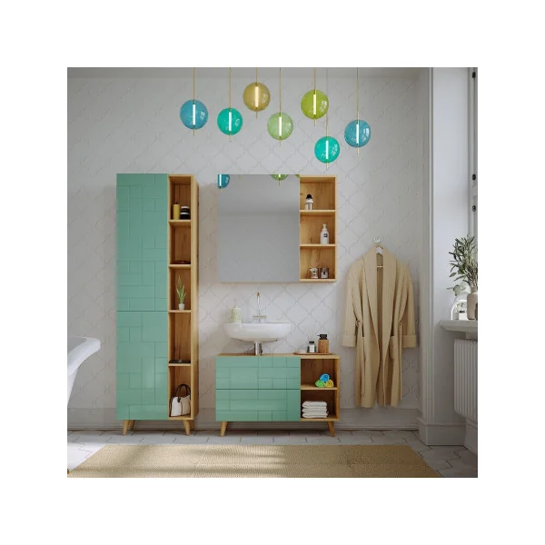 Colonne de salle de bain Chêne et Menthe Meuble salle de bain Armoire avec rangement