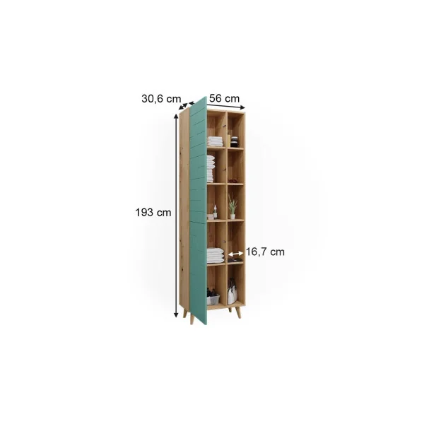 Colonne de salle de bain Chêne et Menthe Meuble salle de bain Armoire avec rangement