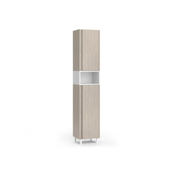 Colonne de Salle de Bain Greige et Blanc avec 2 Placards et Etagères Colonne Rangement