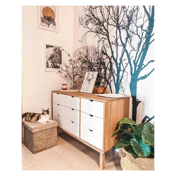 Commode 6 tiroirs 111 cm Pin Massif et Blanc Naturel Commode Chambre Commode de Salon