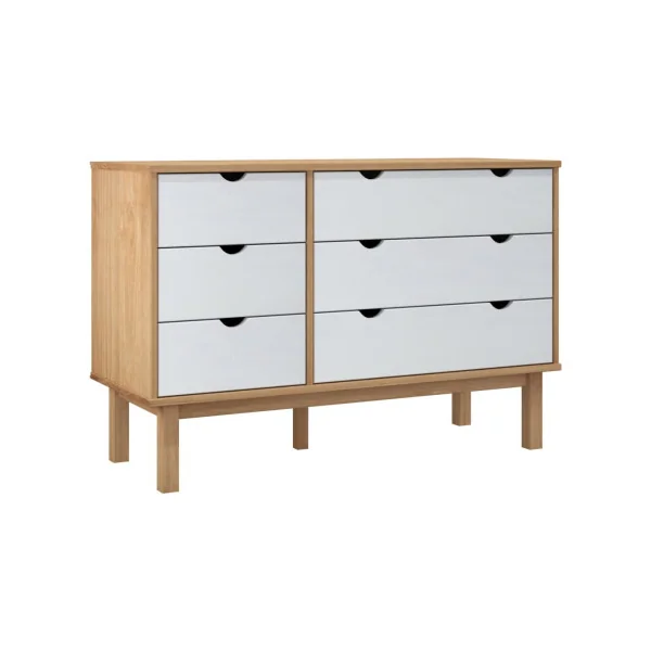 Commode 6 tiroirs 111 cm Pin Massif et Blanc Naturel Commode Chambre Commode de Salon