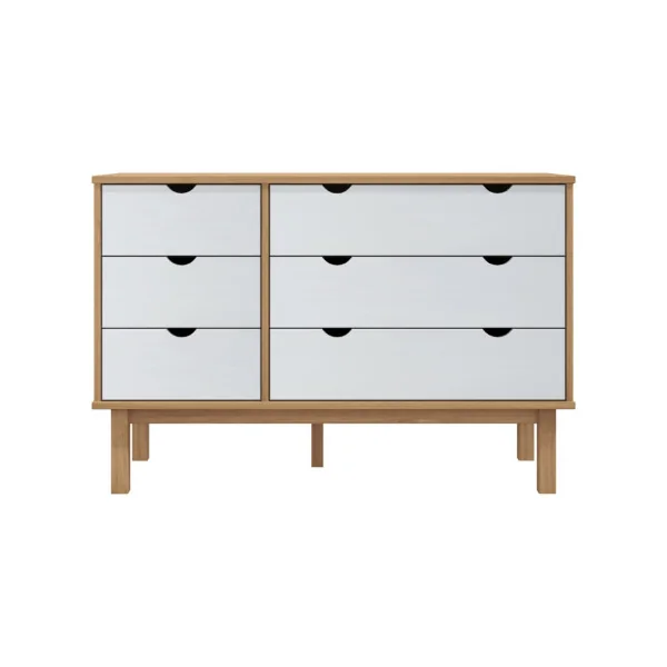 Commode 6 tiroirs 111 cm Pin Massif et Blanc Naturel Commode Chambre Commode de Salon
