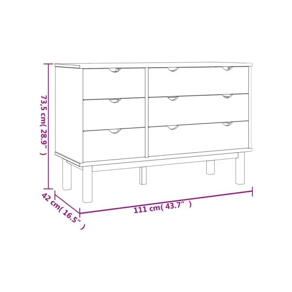 Commode 6 tiroirs 111 cm Pin Massif et Blanc Naturel Commode Chambre Commode de Salon