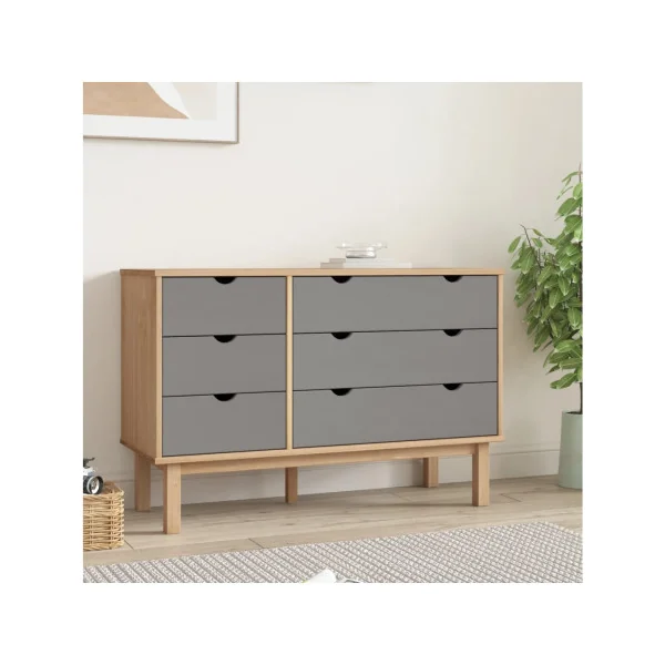 Commode 6 tiroirs 111 cm Pin Massif et Gris Naturel Commode Chambre Commode de Salon