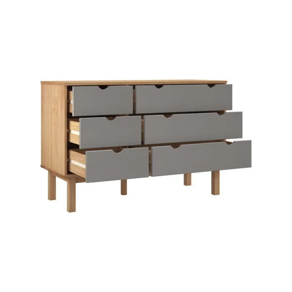 Commode 6 tiroirs 111 cm Pin Massif et Gris Naturel Commode Chambre Commode de Salon