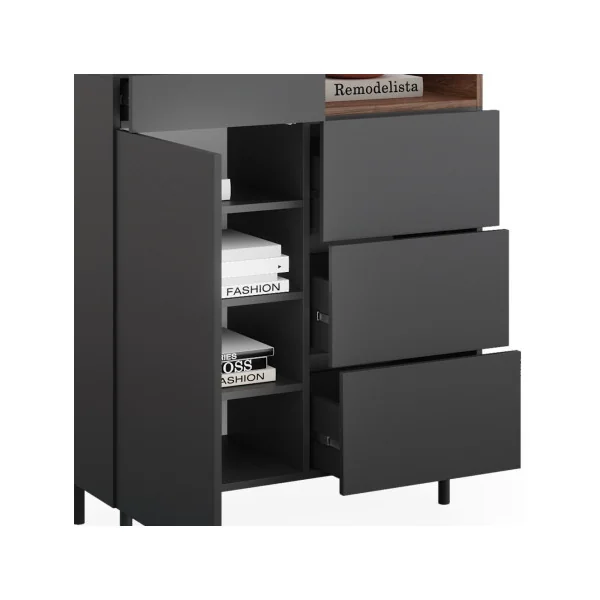 Commode anthracite et noyer avec placard et 4 tiroirs Commode de salon Commode chambre tendance