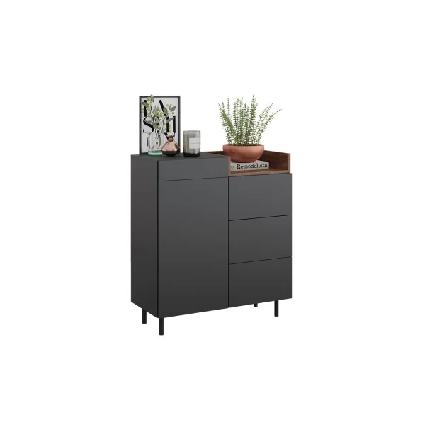Commode anthracite et noyer avec placard et 4 tiroirs Commode de salon Commode chambre tendance