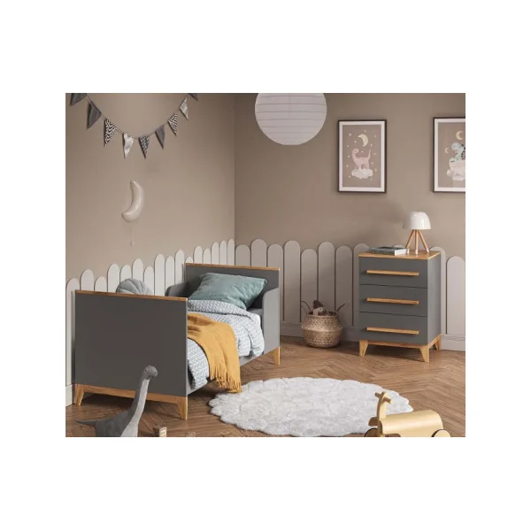 Commode enfant grise et bois massif 3 tiroirs Commode rangement en bois