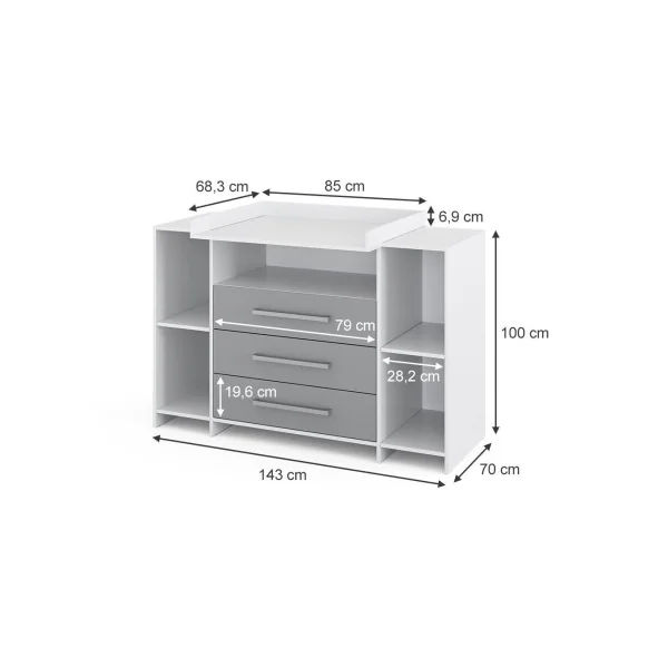 Commode à langer 3 tiroirs 4 rangements Table langer blanche et grise Plan à langer amovible