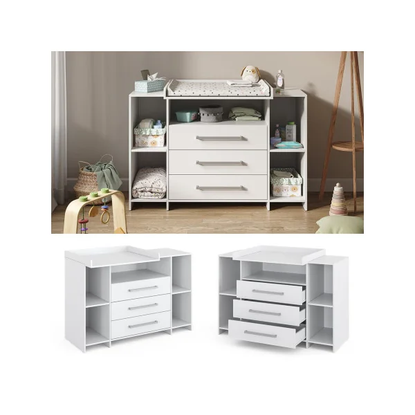 Commode à langer 3 tiroirs 4 rangements Table langer blanche Plan à langer amovible
