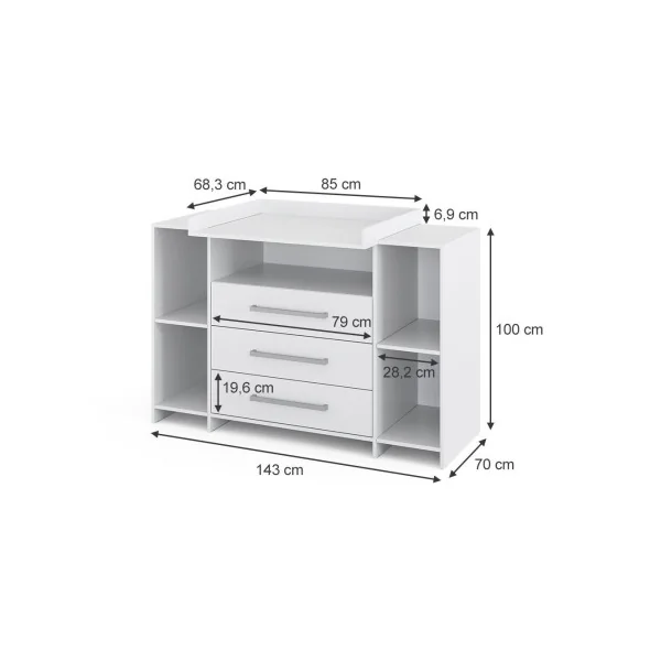 Commode à langer 3 tiroirs 4 rangements Table langer blanche Plan à langer amovible
