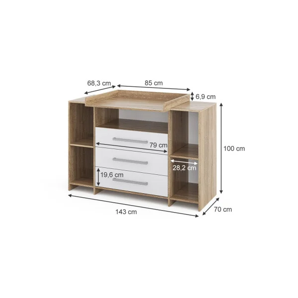 Commode à langer 3 tiroirs 4 rangements Table langer chêne blanche Plan à langer amovible