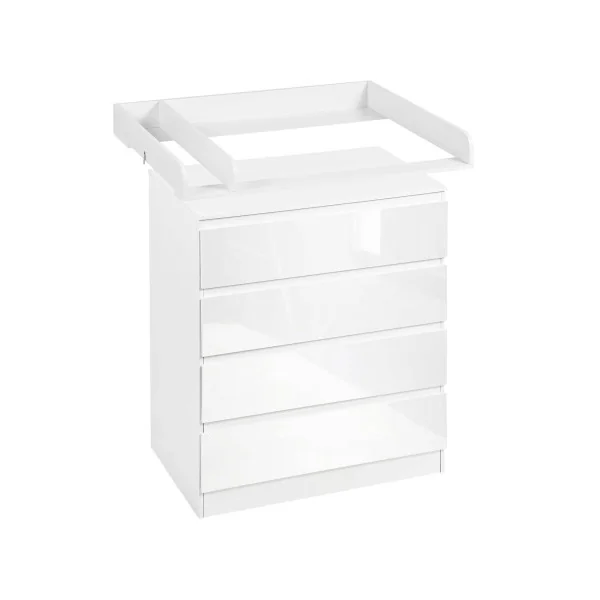Commode à langer 4 tiroirs table langer blanc brillant avec plan à langer amovible
