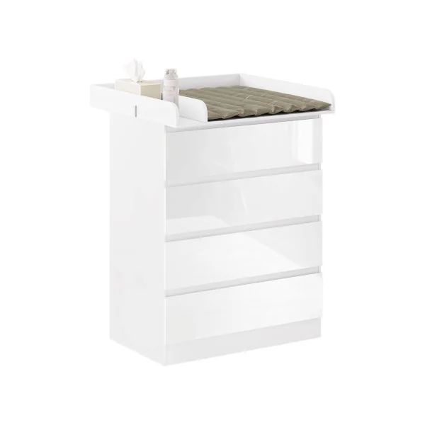Commode à langer 4 tiroirs table langer blanc brillant avec plan à langer amovible