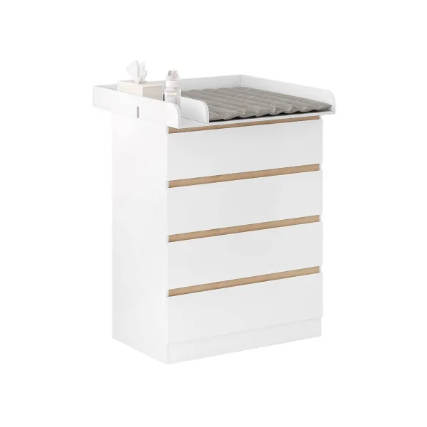 Commode à langer 4 tiroirs table langer chêne et blanc avec plan à langer amovible