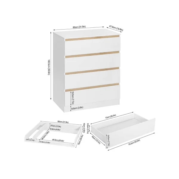 Commode à langer 4 tiroirs table langer chêne et blanc avec plan à langer amovible