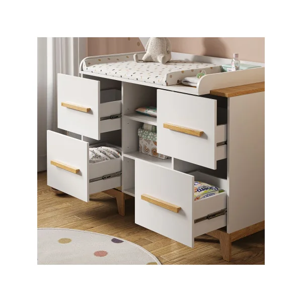 Commode à langer bébé 4 tiroirs Table langer scandinave blanche 3 compartiments ouverts