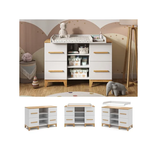Commode à langer bébé 4 tiroirs Table langer scandinave blanche 3 compartiments ouverts