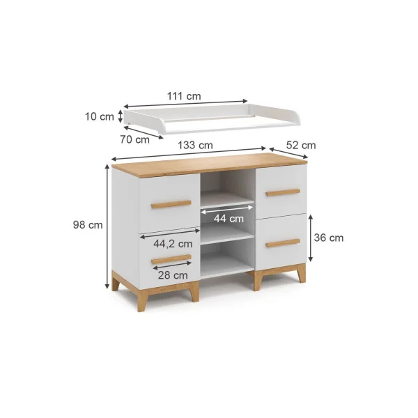 Commode à langer bébé 4 tiroirs Table langer scandinave blanche 3 compartiments ouverts