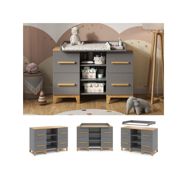 Commode à langer bébé 4 tiroirs Table langer scandinave grise 3 compartiments ouverts