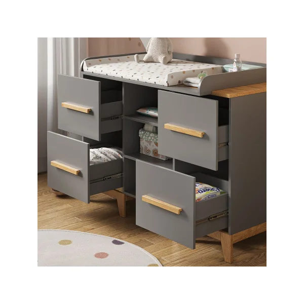 Commode à langer bébé 4 tiroirs Table langer scandinave grise 3 compartiments ouverts