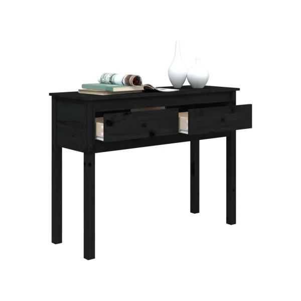 Console 2 Tiroirs Noir Pin Massif Table d'entrée Meuble d'entrée Grand modèle