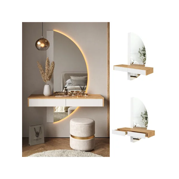 Console d'entrée Murale Blanche et Chêne + Miroir LED Meuble d'entrée Moderne