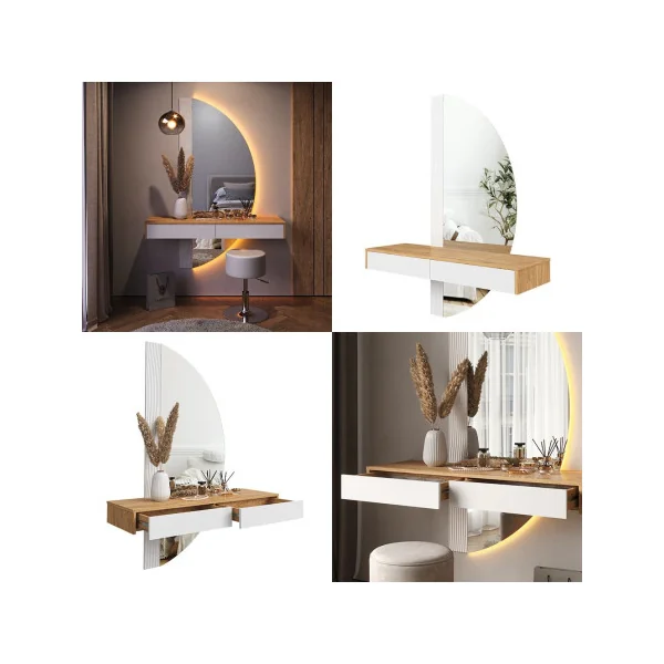Console d'entrée Murale Blanche et Chêne + Miroir LED Meuble d'entrée Moderne