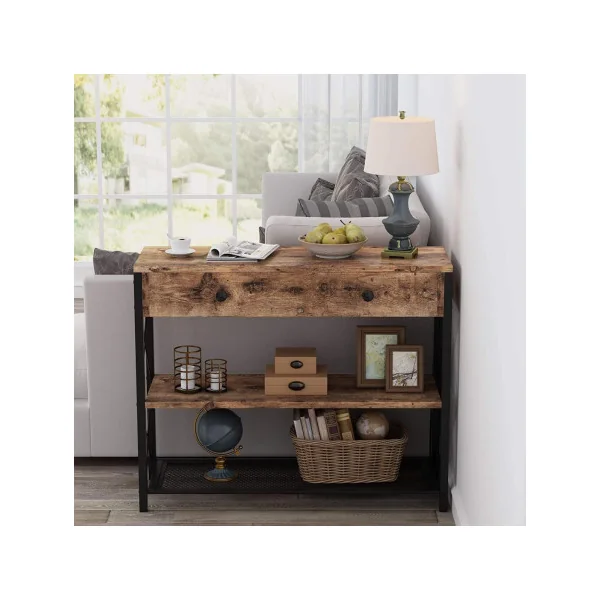 Console en métal industrielle console avec étagère de rangement marron et noir