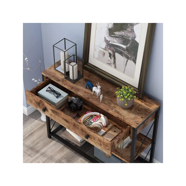 Console en métal industrielle console avec étagère de rangement marron et noir
