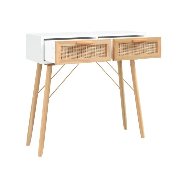 Console En pin Massif 2 Tiroirs Console Blanche et Rotin Naturel Console Scandinave