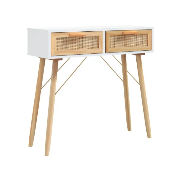 Console En pin Massif 2 Tiroirs Console Blanche et Rotin Naturel Console Scandinave