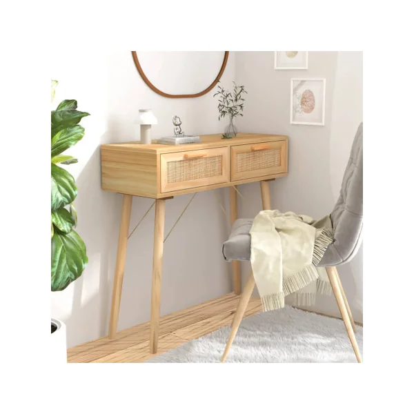 Console En pin Massif 2 Tiroirs Console Naturel et Rotin Naturel Console Scandinave