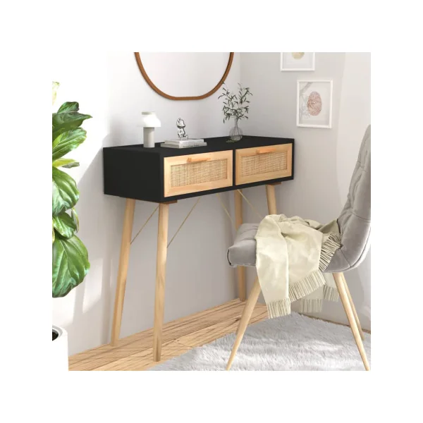Console En pin Massif 2 Tiroirs Console Naturel et Rotin Noir Console Scandinave