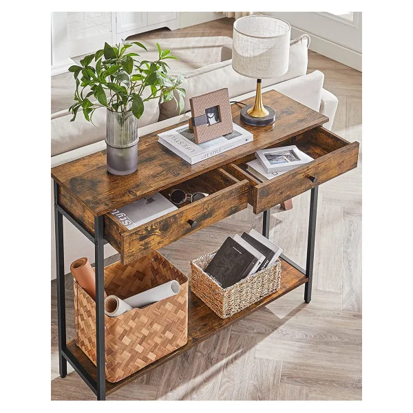 Console industrielle console 2 tiroirs Console métal et bois marron Table d'entrée