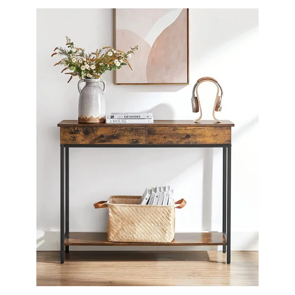 Console industrielle console 2 tiroirs Console métal et bois marron Table d'entrée