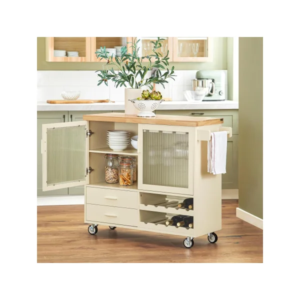 Desserte de Cuisine Beige Îlot Central de Cuisine Chariot de cuisine Servante de cuisine