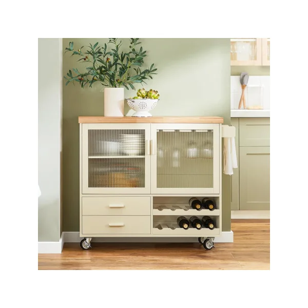 Desserte de Cuisine Beige Îlot Central de Cuisine Chariot de cuisine Servante de cuisine