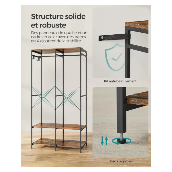 Dressing Industriel Marron Rustique Penderie Ouverte industrielle Penderie d'entrée Dressing chambre Armoire Vêtements