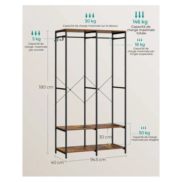 Dressing Industriel Marron Rustique Penderie Ouverte industrielle Penderie d'entrée Dressing chambre Armoire Vêtements