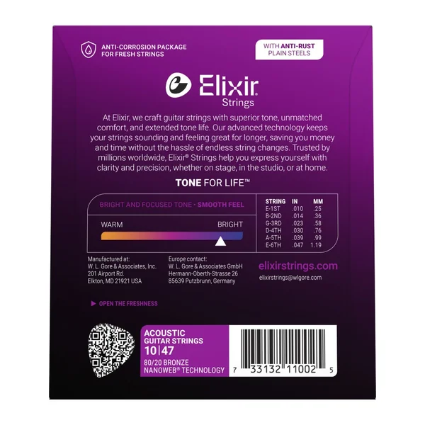 Elixir 11002 Nanoweb cordes acoustiques 80/20 Bronze extra light 10/47