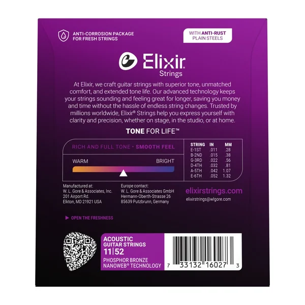 Elixir 16027 Nanoweb cordes acoustiques Phosphore Bronze 11/52